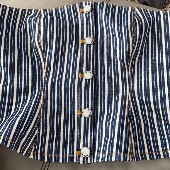 ❌SOLD❌NWOT Ganni Mixed Stripe Dark Indigo Denim Buster Top & Shorts Set💙🤍💙 - Picture 9 of 16